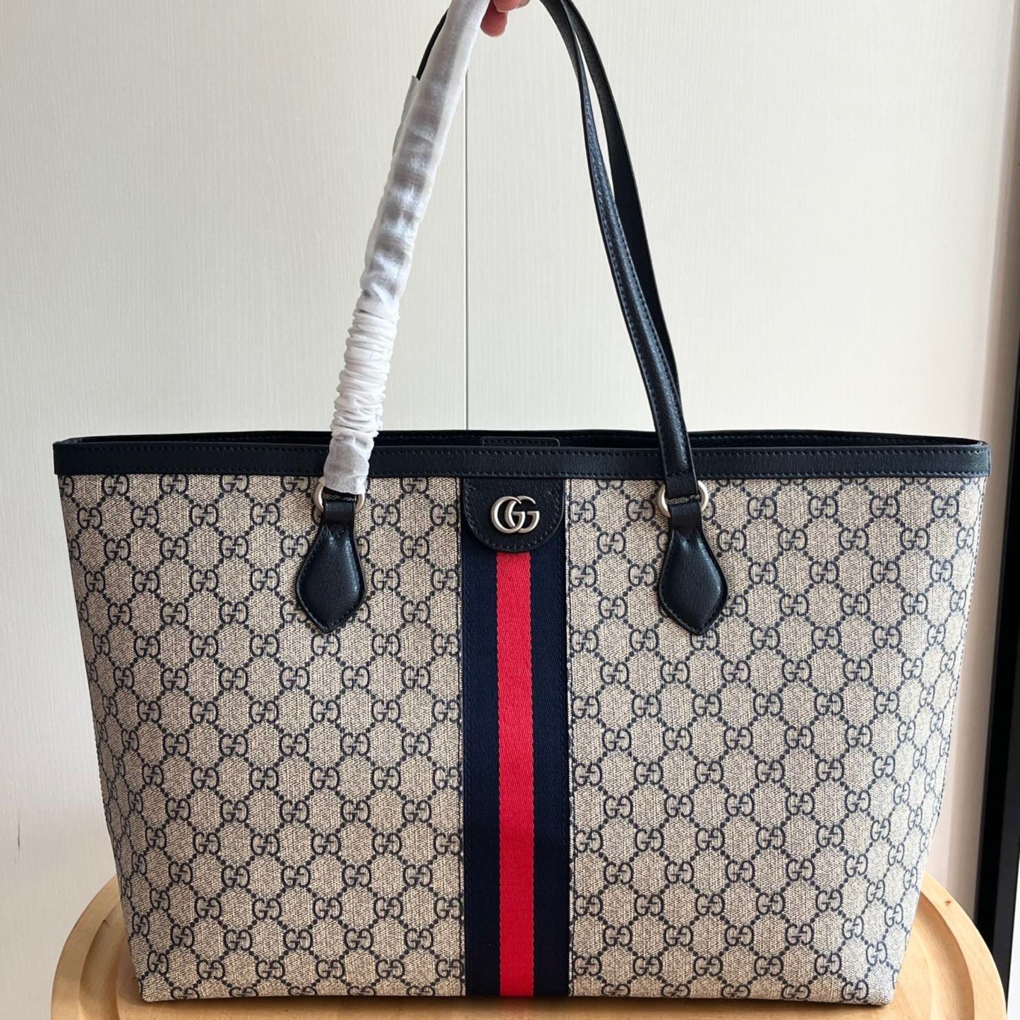 Bolsa GG Ophidia Tote média Supreme Bege web Vermelho e azul 38cm