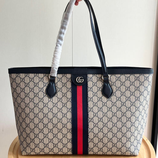 Bolsa GG Ophidia Tote média Supreme Bege web Vermelho e azul 38cm