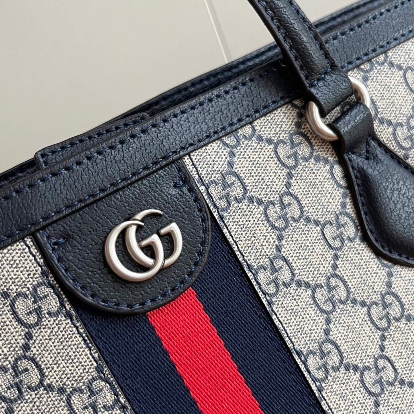 Bolsa GG Ophidia Tote média Supreme Bege web Vermelho e azul 38cm