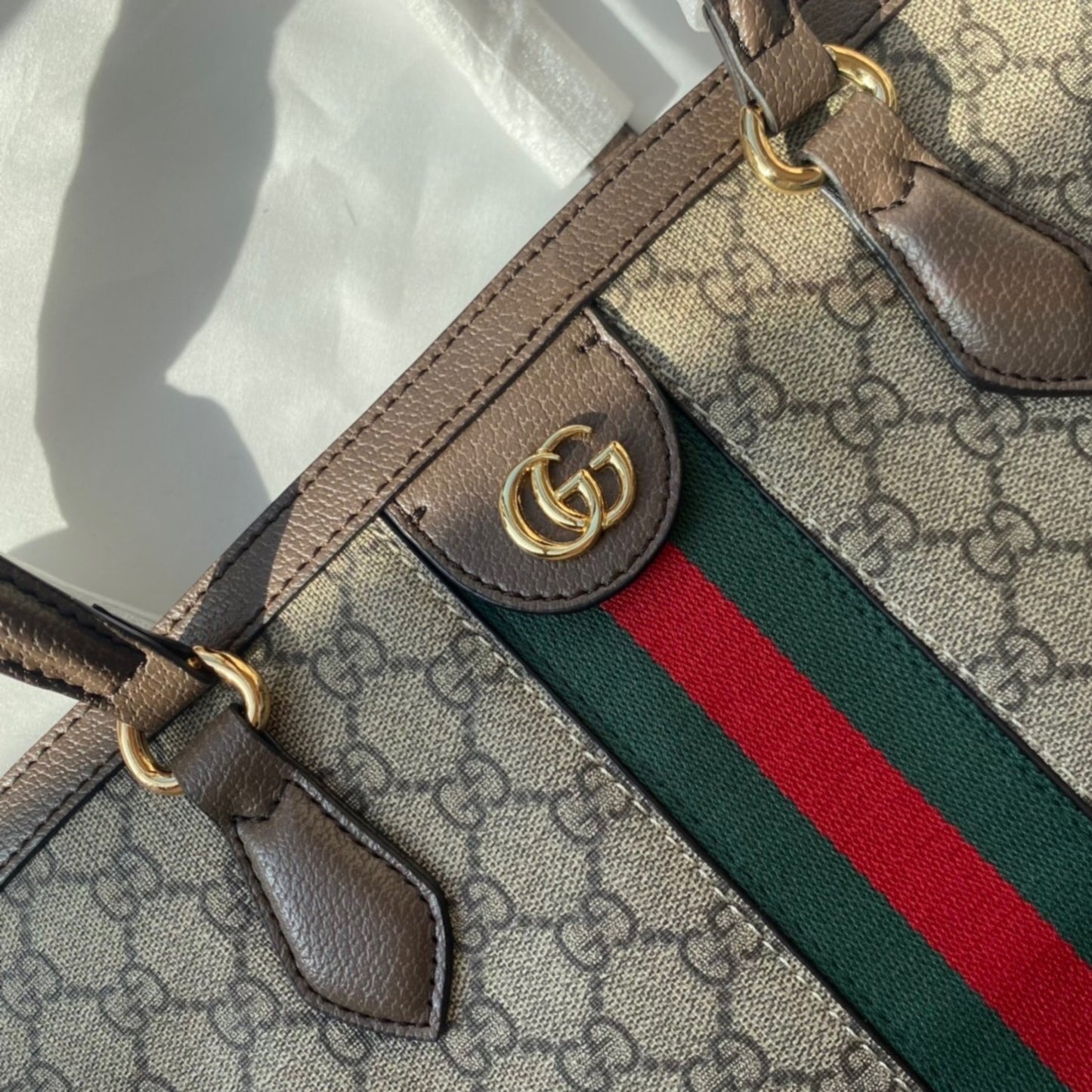 Bolsa GG Ophidia Tote Media Supreme Bege web verde e vermelha