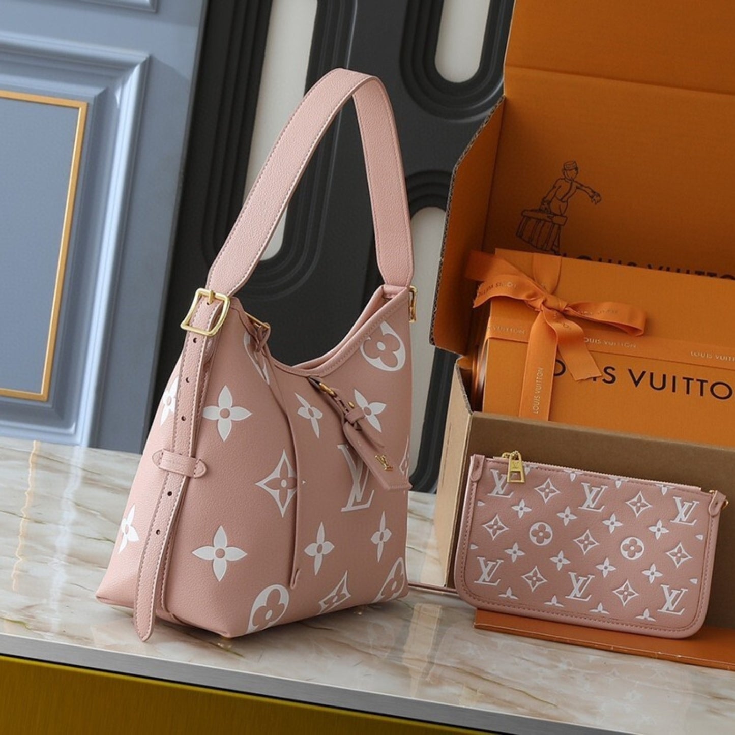 Bolsa LV CarryAll Rosa com Branco 29cm