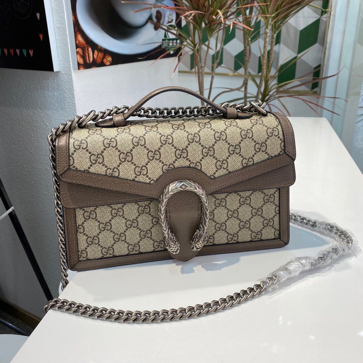 Bolsa GG Dionysus marrom e canvas média 28cm