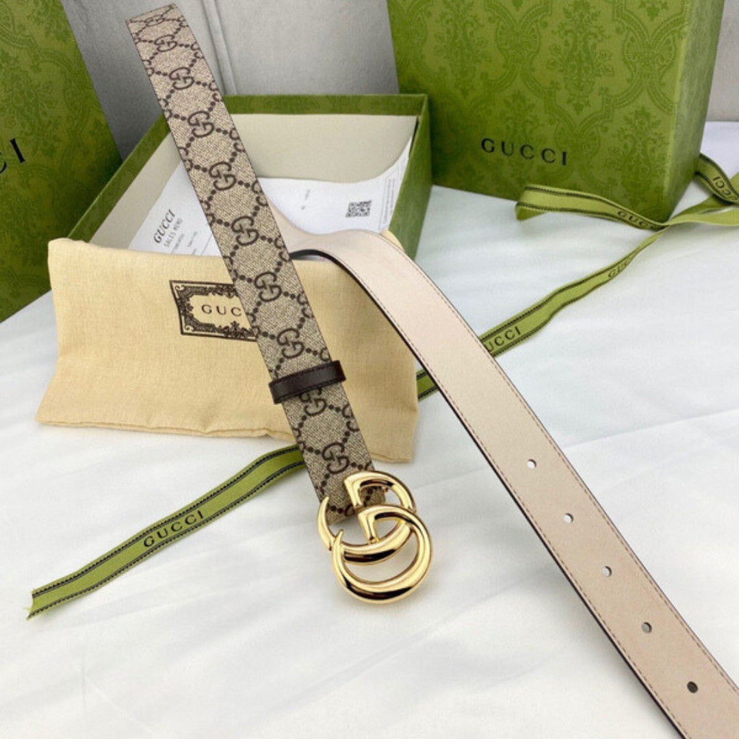 Cinto GG Canvas Off-White com Dourado 3cm de largura