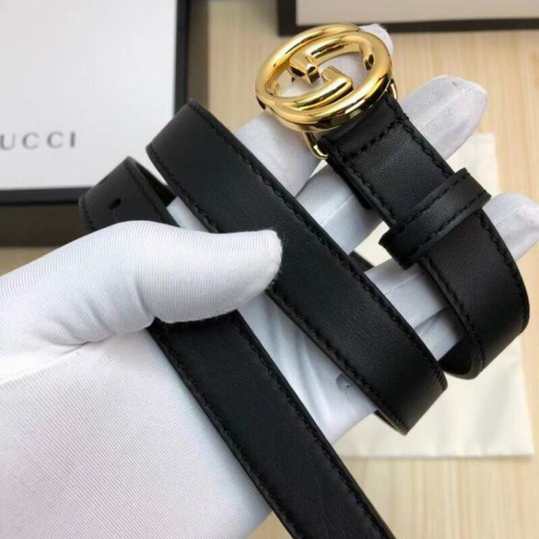Cinto GG Interlocking preto Couro com dourado Brilhante 2cm largura