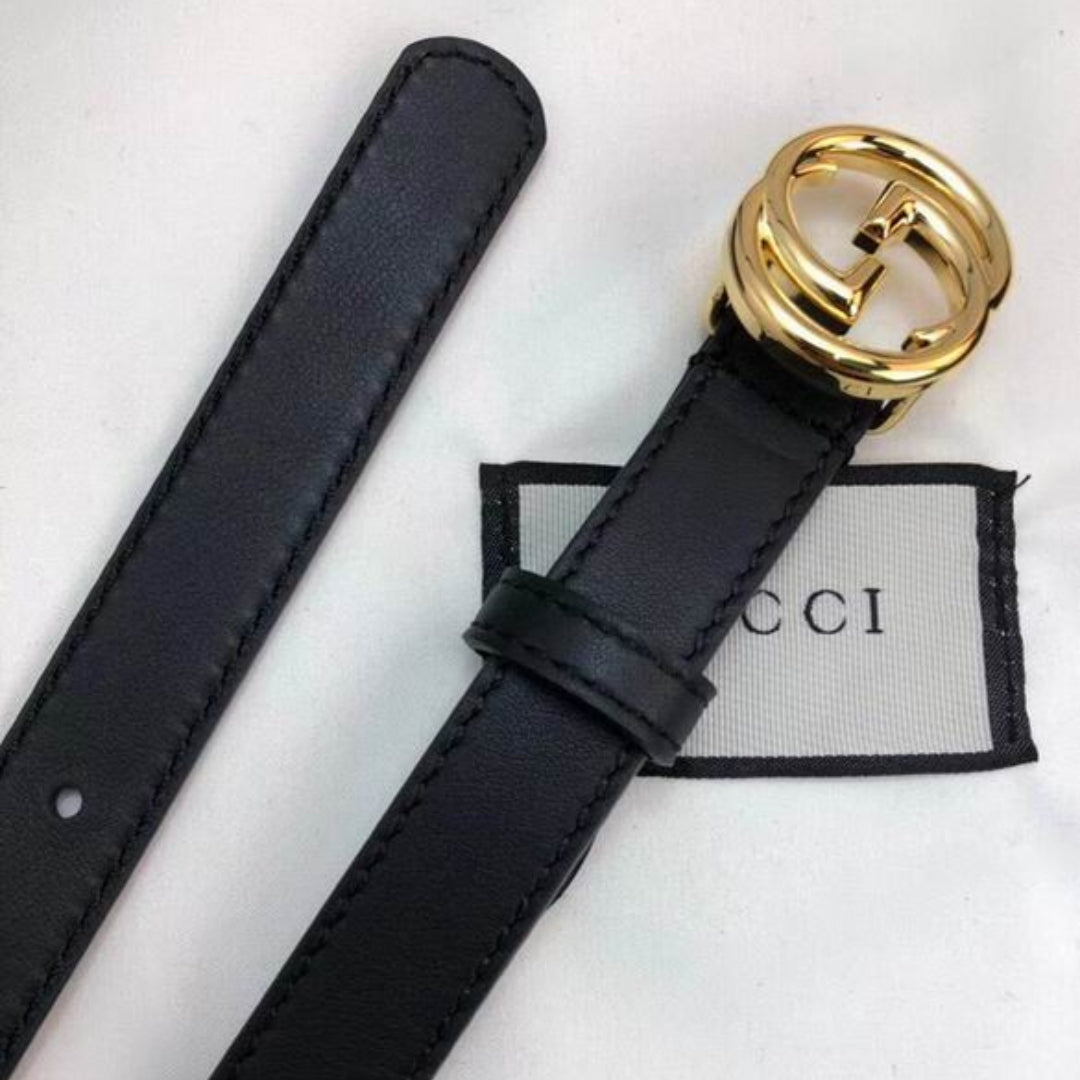 Cinto GG Interlocking preto Couro com dourado Brilhante 2cm largura