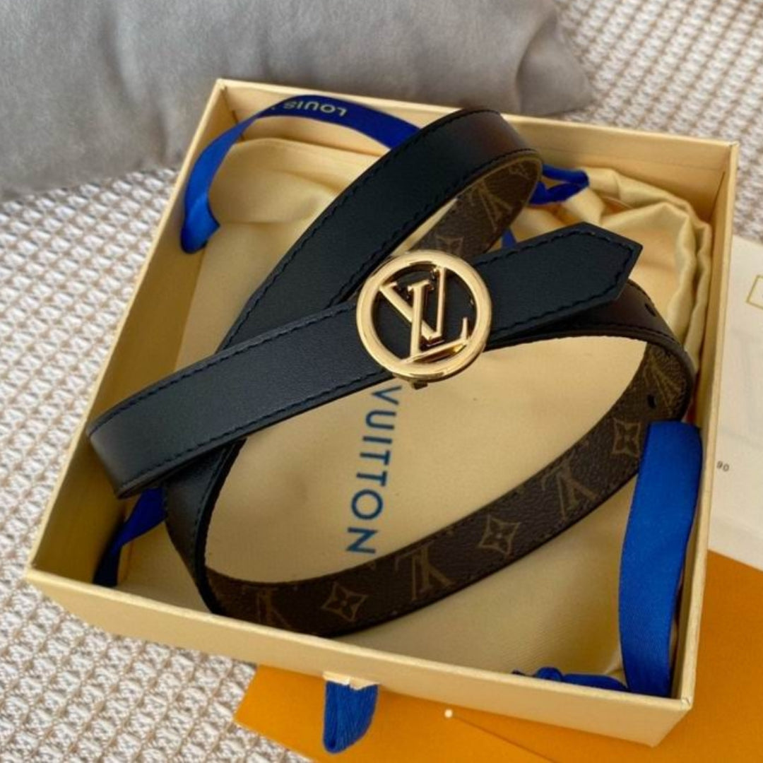 Cinto LV Dupla Face Preto com Canvas e Dourado 2cm de largura