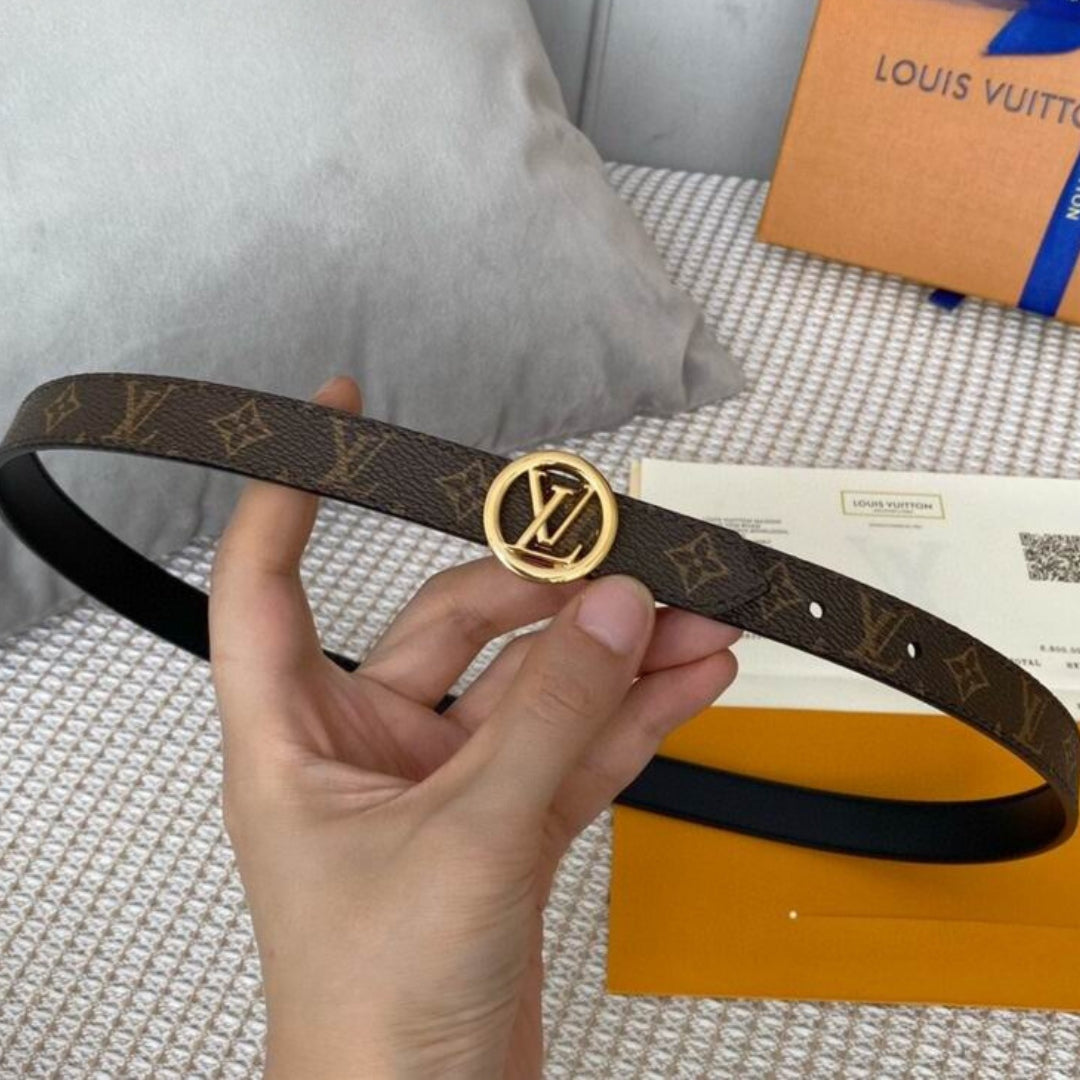 Cinto LV Dupla Face Preto com Canvas e Dourado 2cm de largura