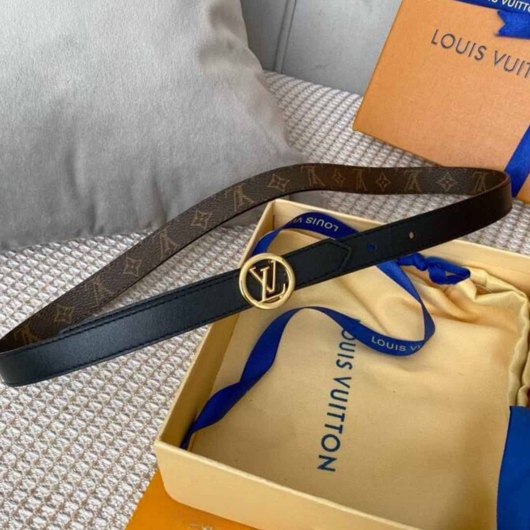 Cinto LV Dupla Face Preto com Canvas e Dourado 2cm de largura