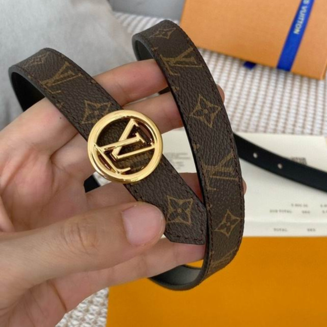 Cinto LV Dupla Face Preto com Canvas e Dourado 2cm de largura