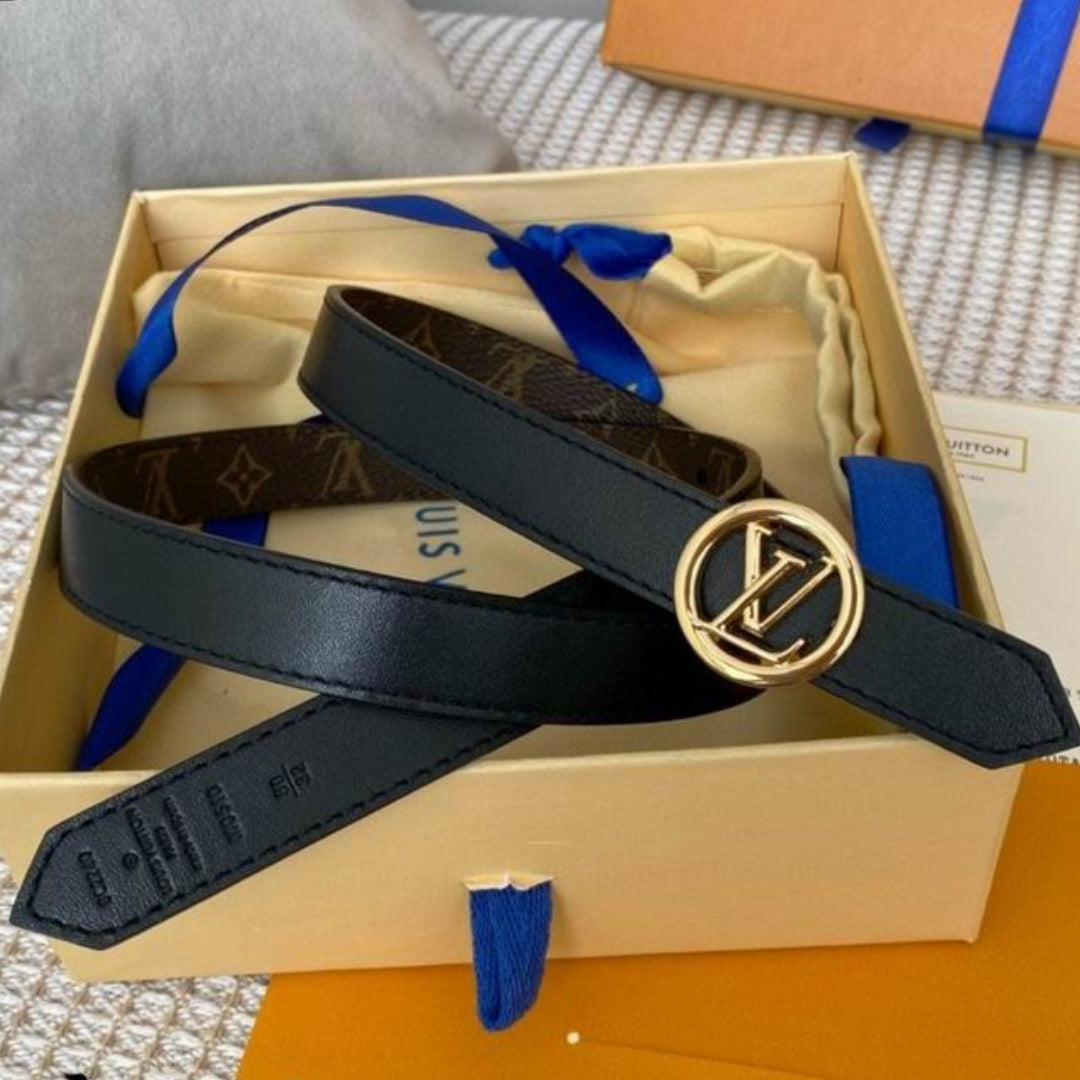 Cinto LV Dupla Face Preto com Canvas e Dourado 2cm de largura