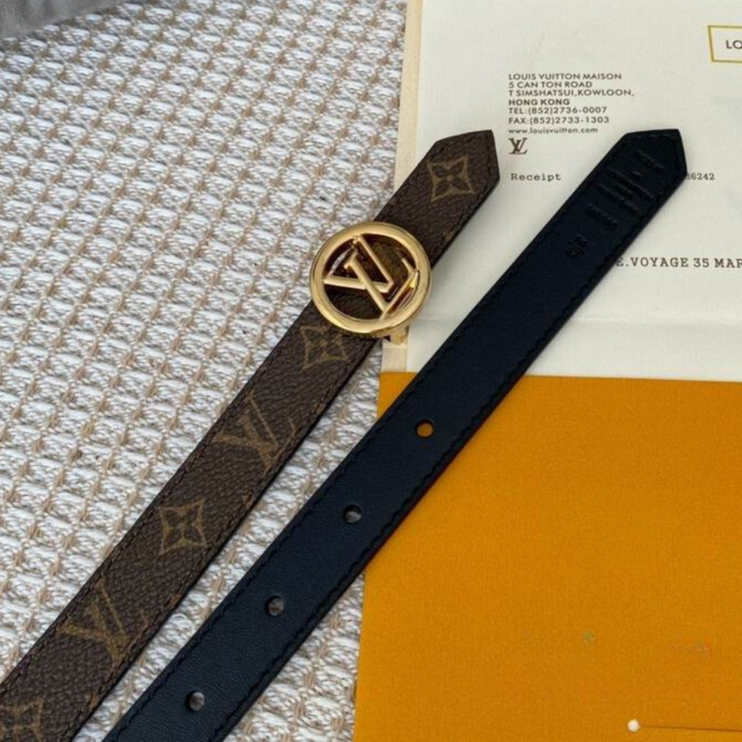 Cinto LV Dupla Face Preto com Canvas e Dourado 2cm de largura