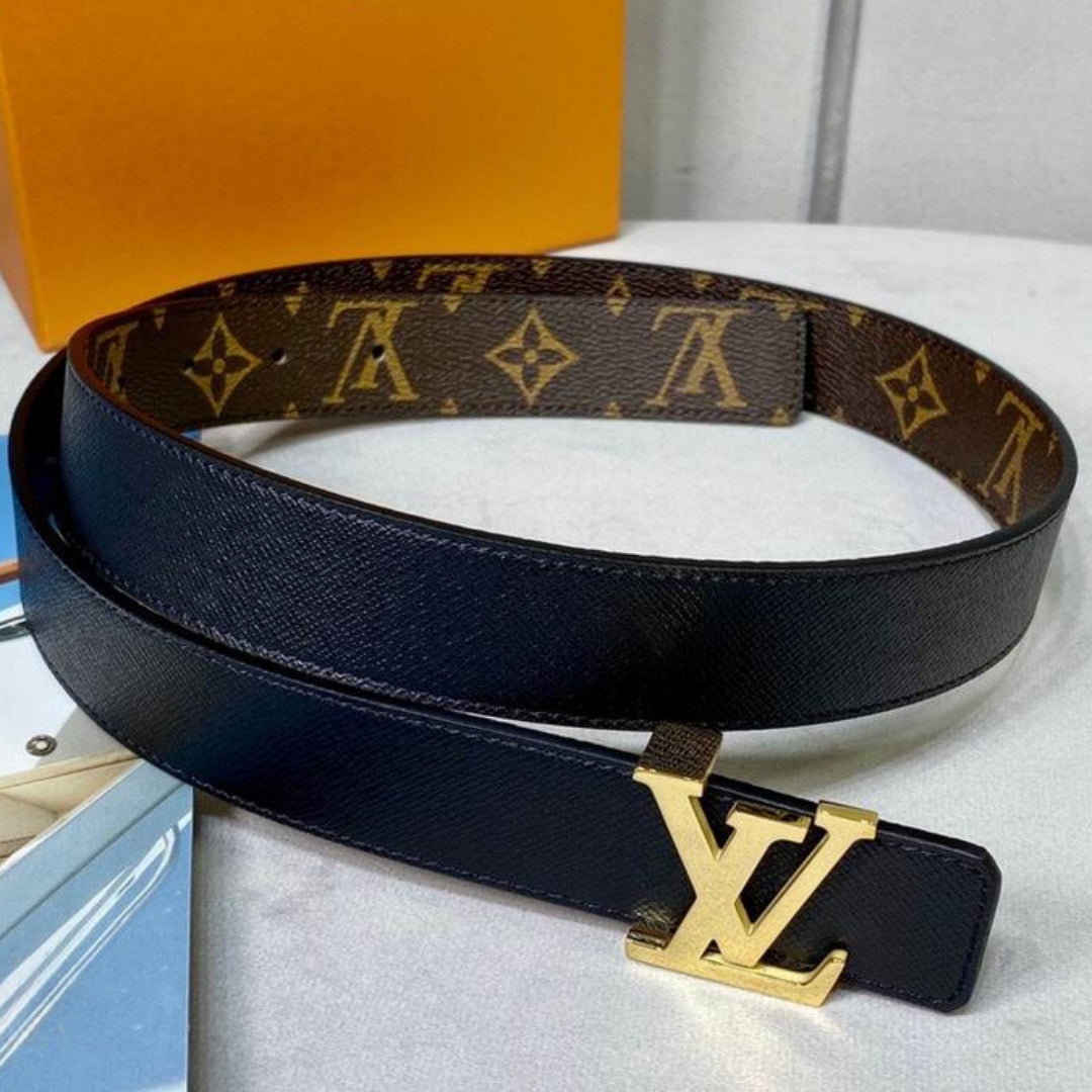 Cinto LV Dupla Face Preto com Canvas e Dourado 3cm de largura