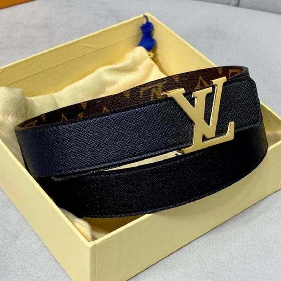 Cinto LV Dupla Face Preto com Canvas e Dourado 3cm de largura