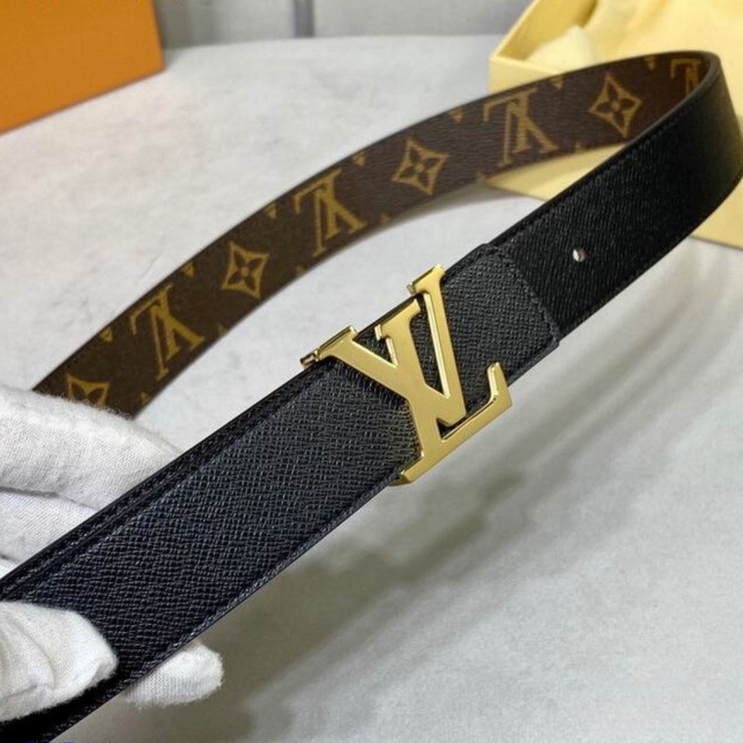 Cinto LV Dupla Face Preto com Canvas e Dourado 3cm de largura