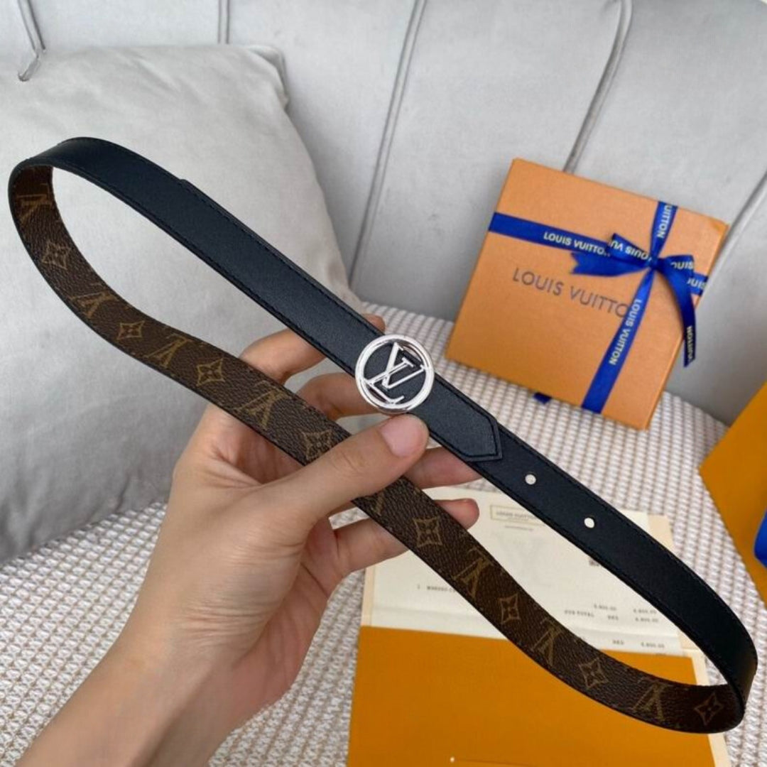 Cinto LV Dupla Face Preto com Canvas e Prata 2cm de largura