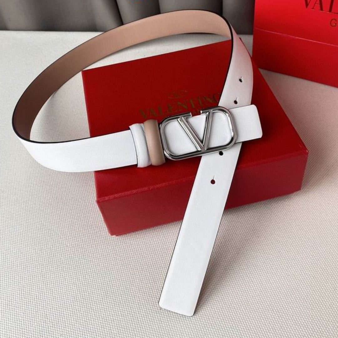 Cinto VLTN Dupla face Pequeno Rose e Branco Prata 2cm de largura