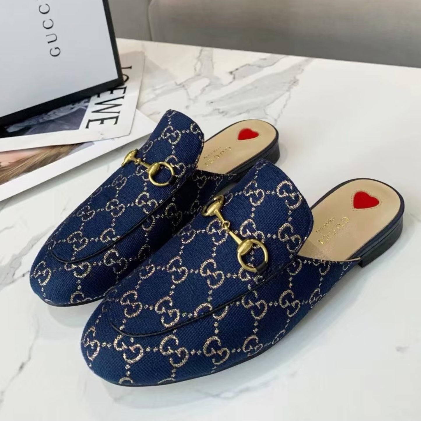 Mule GG Princetown de couro azul canvas