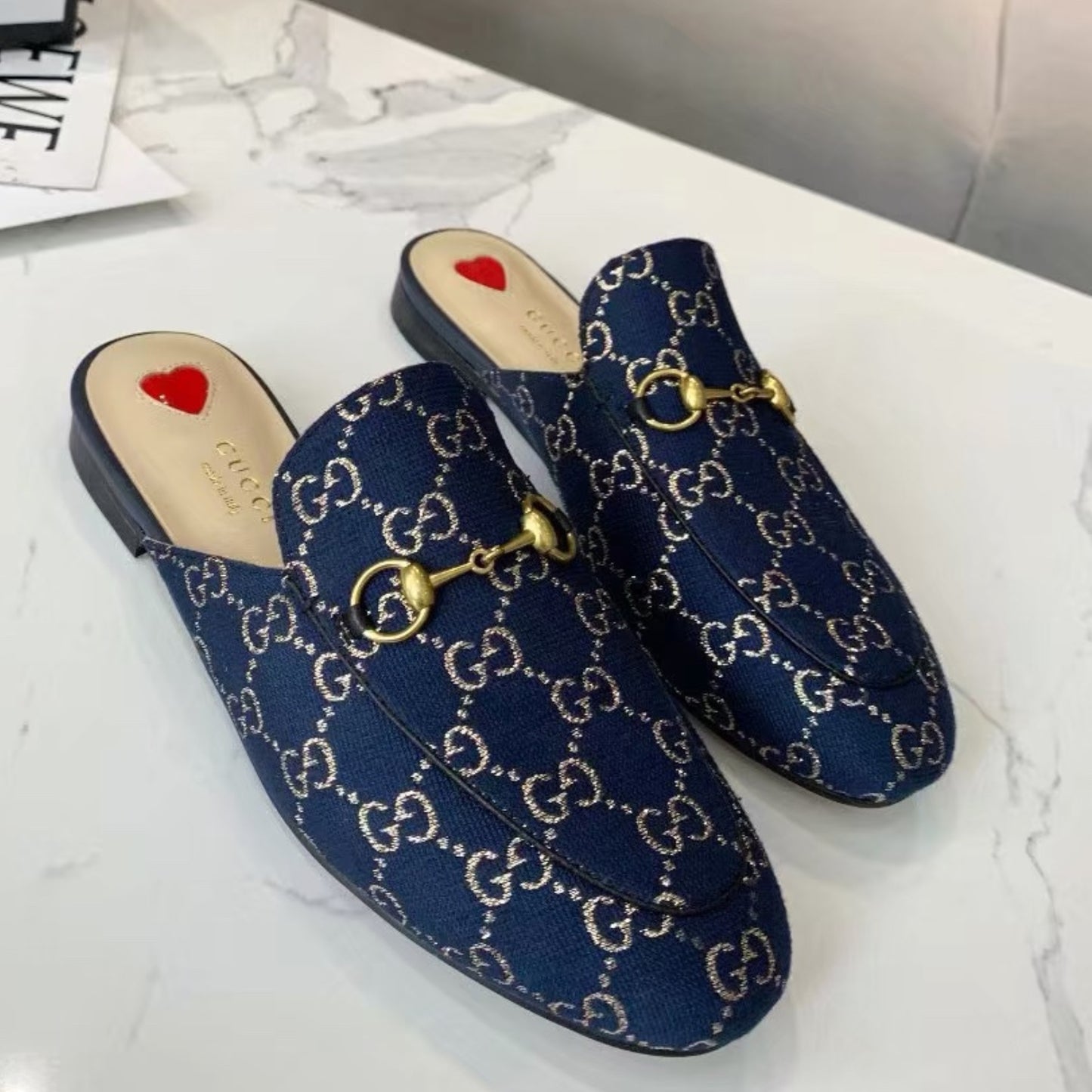 Mule GG Princetown de couro azul canvas