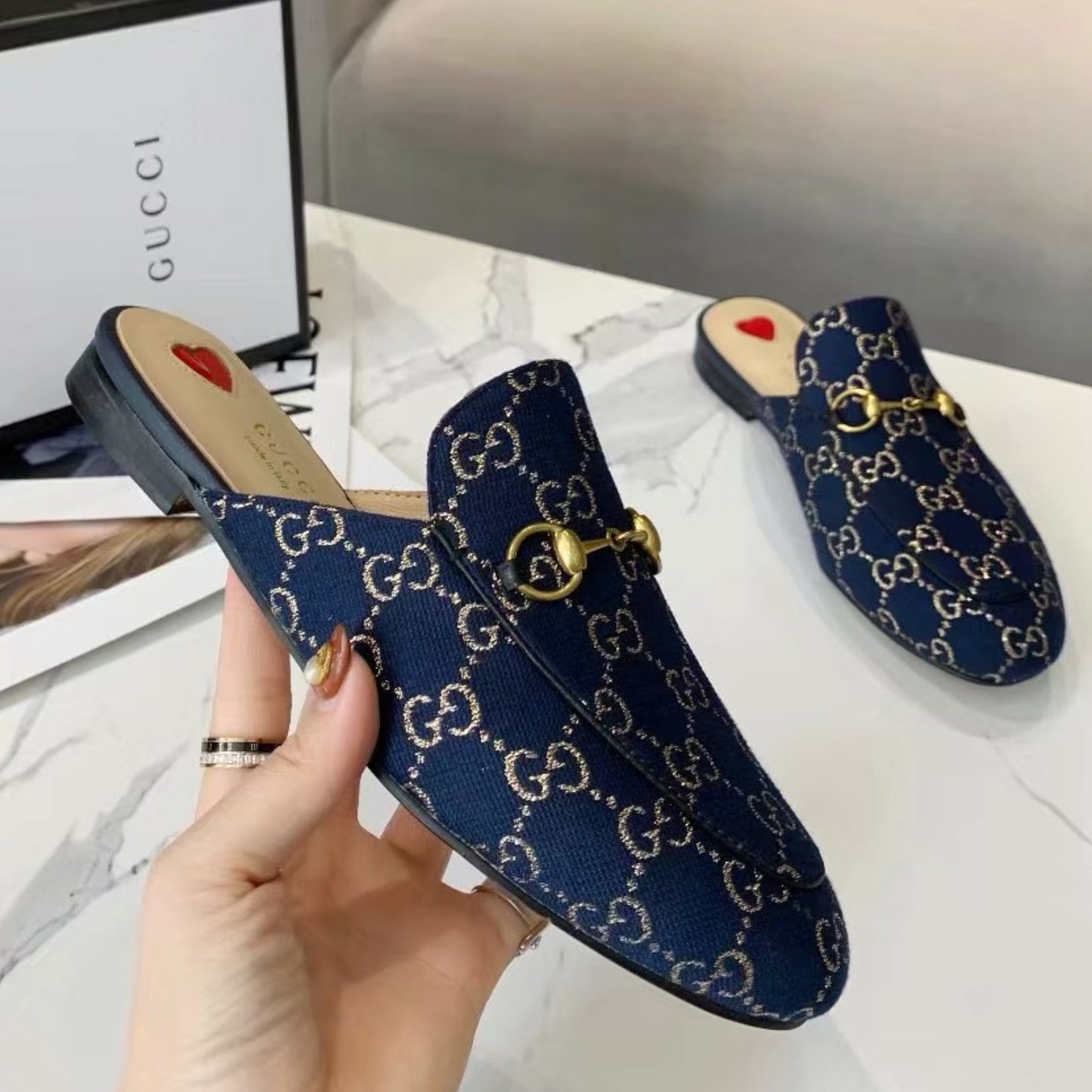 Mule GG Princetown de couro azul canvas