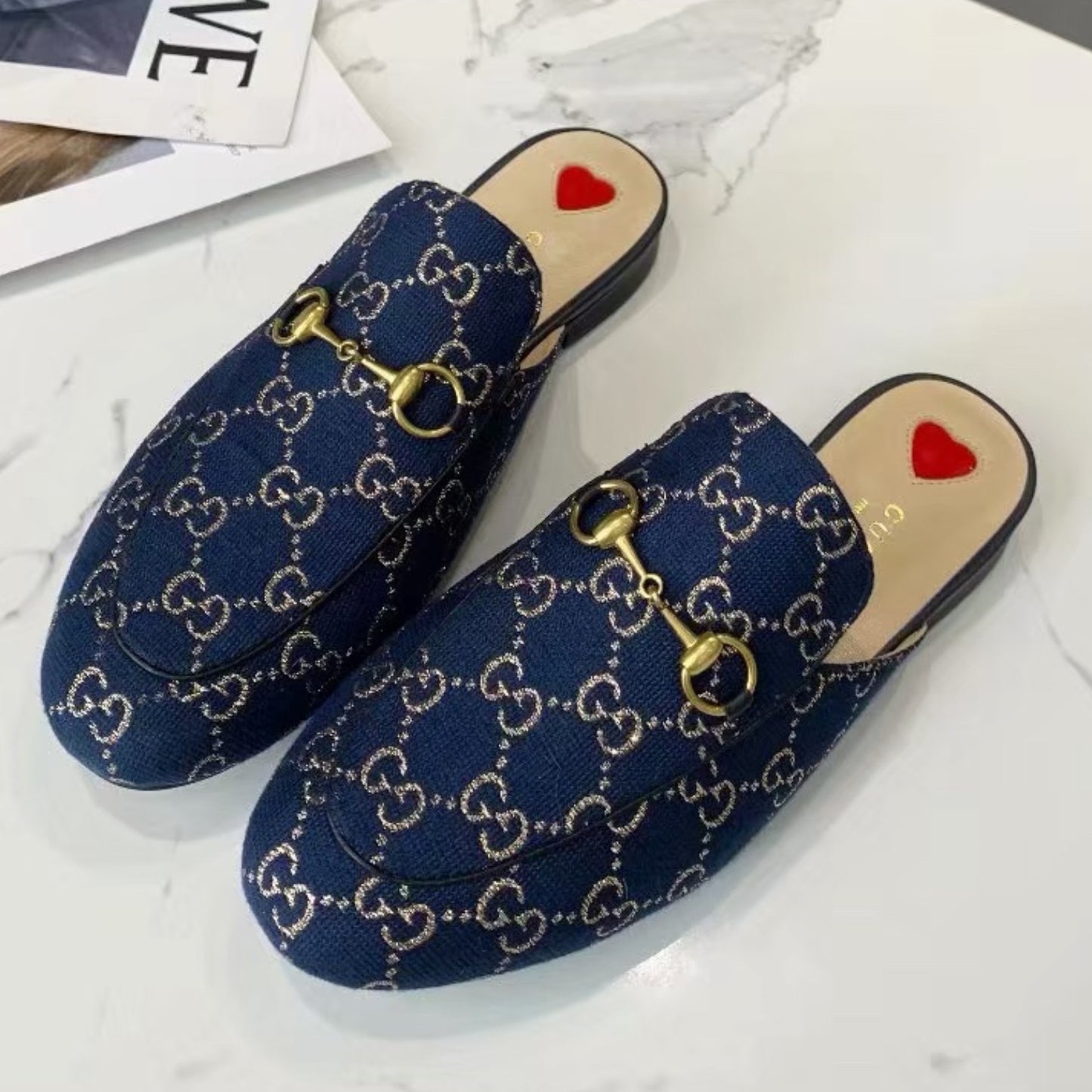 Mule GG Princetown de couro azul canvas