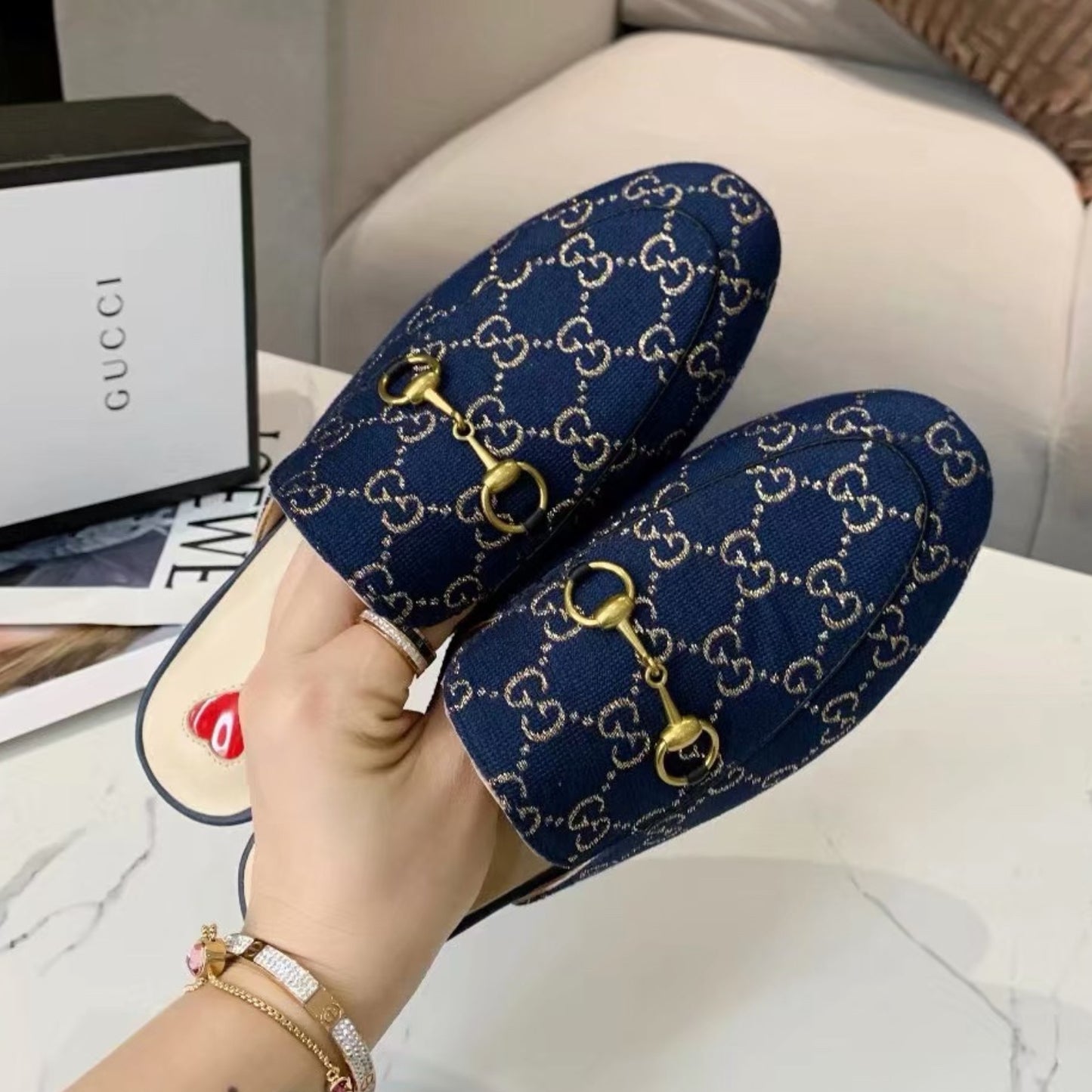 Mule GG Princetown de couro azul canvas