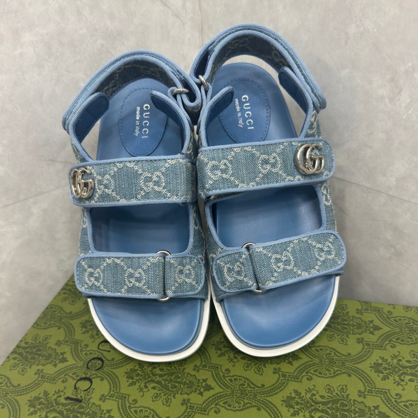 Sandália GG Slider com Double GG Azul Calcanhar