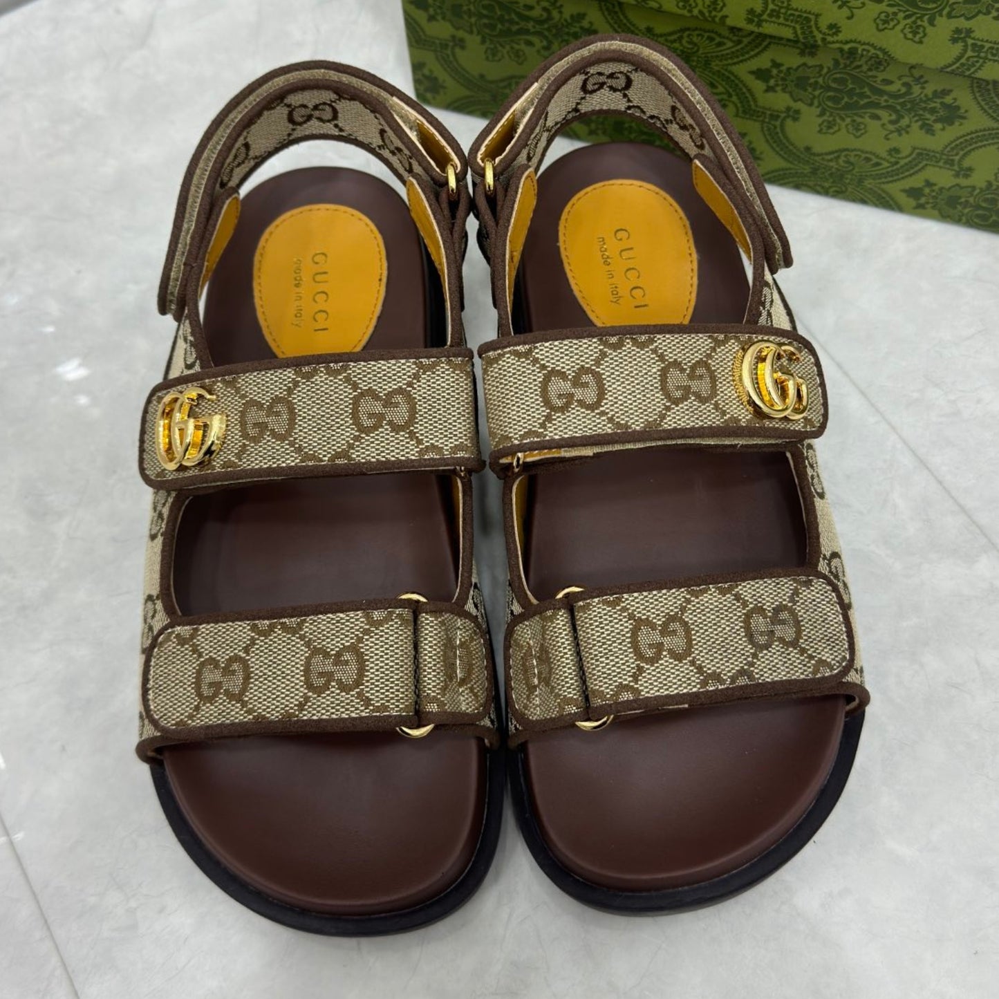 Sandália GG Slider com Double GG Canvas e Marrom Calcanhar