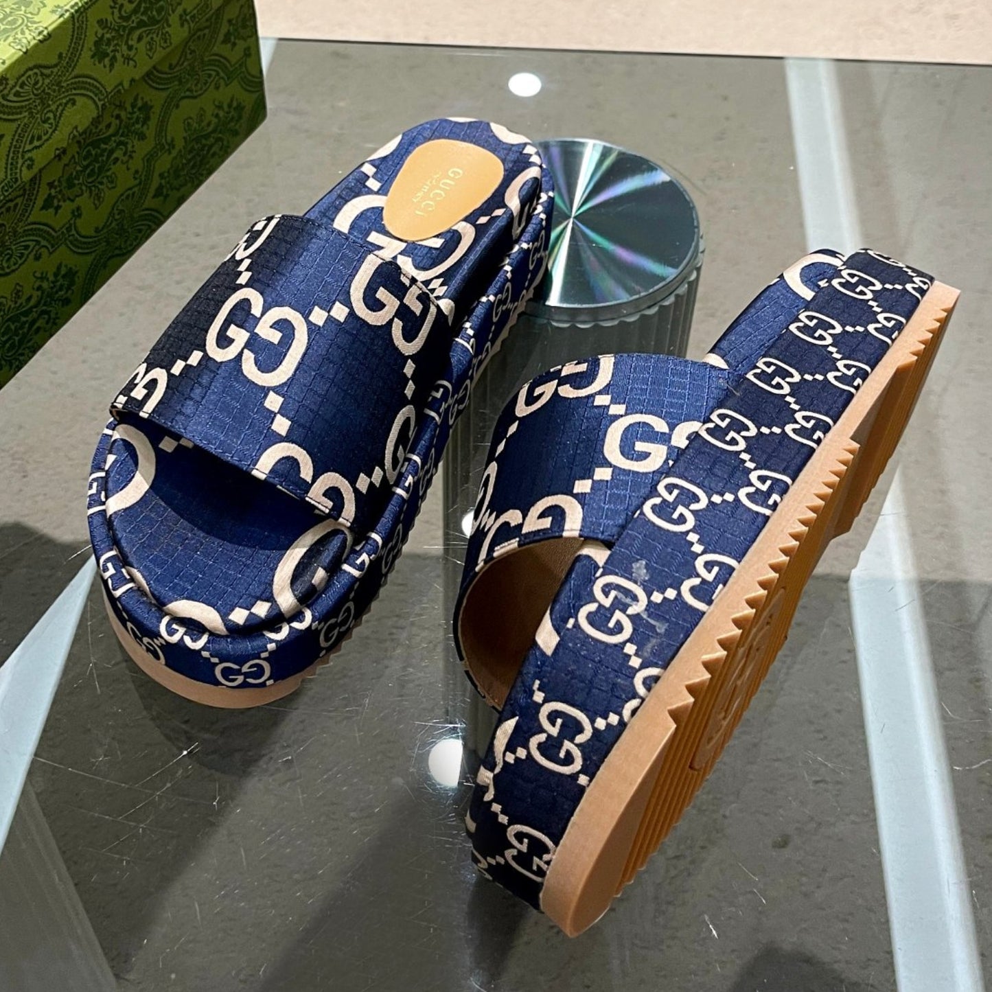Sandália GG Plataforma Slider Azul Com Estampa