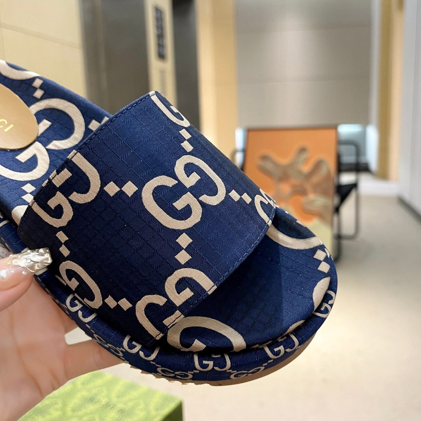 Sandália GG Plataforma Slider Azul Com Estampa