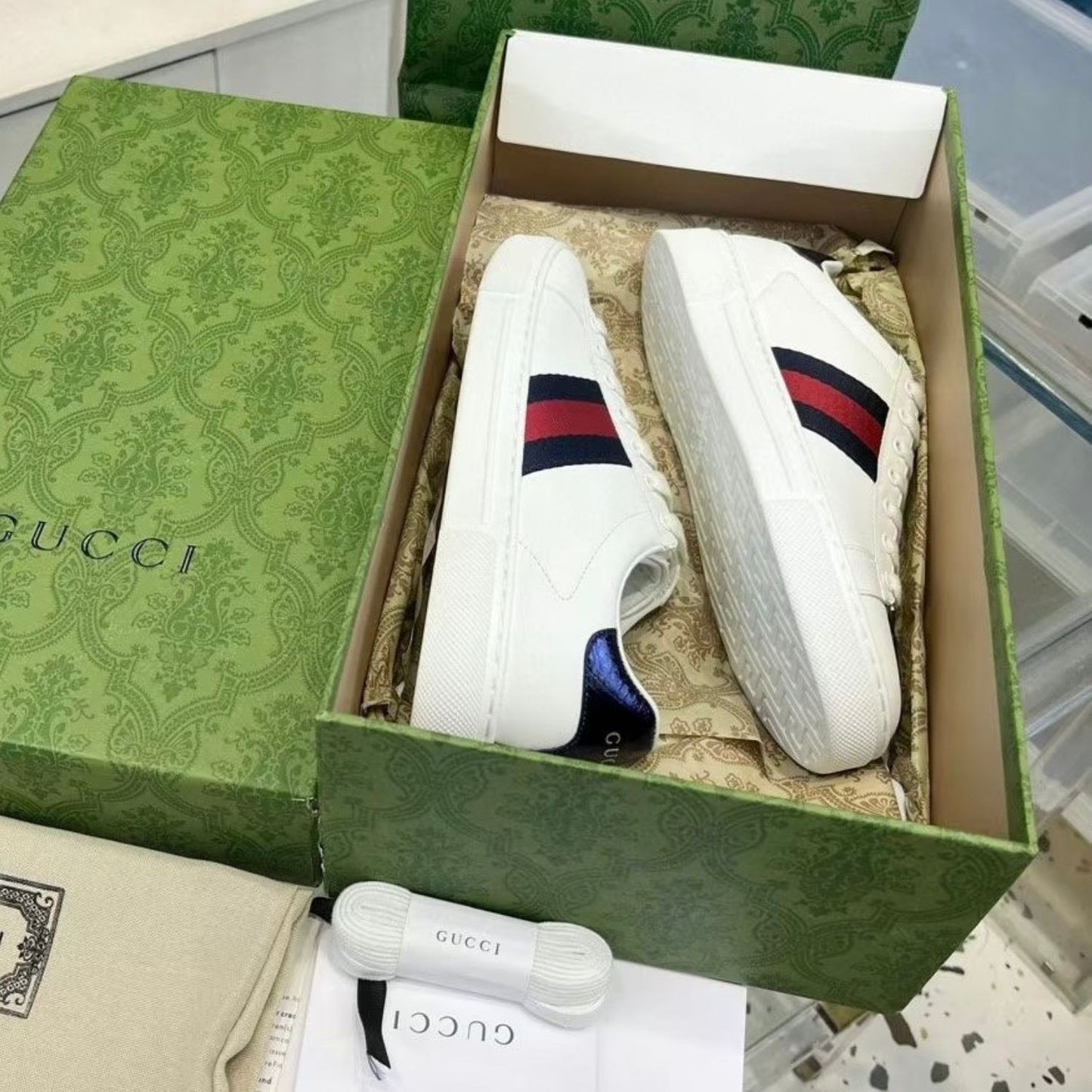 Tenis GG Ace Branco Web Azul