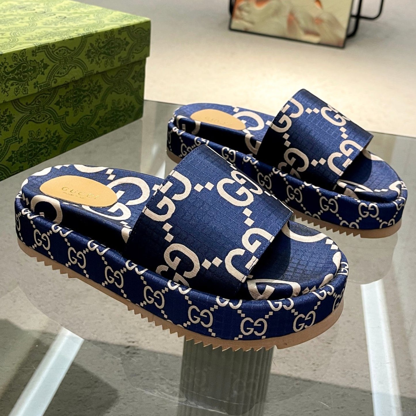 Sandália GG Plataforma Slider Azul Com Estampa