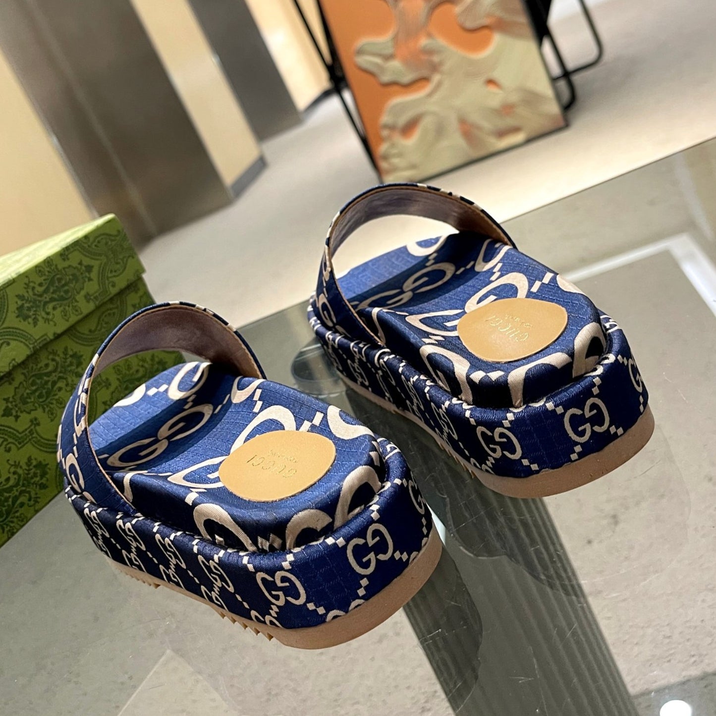 Sandália GG Plataforma Slider Azul Com Estampa