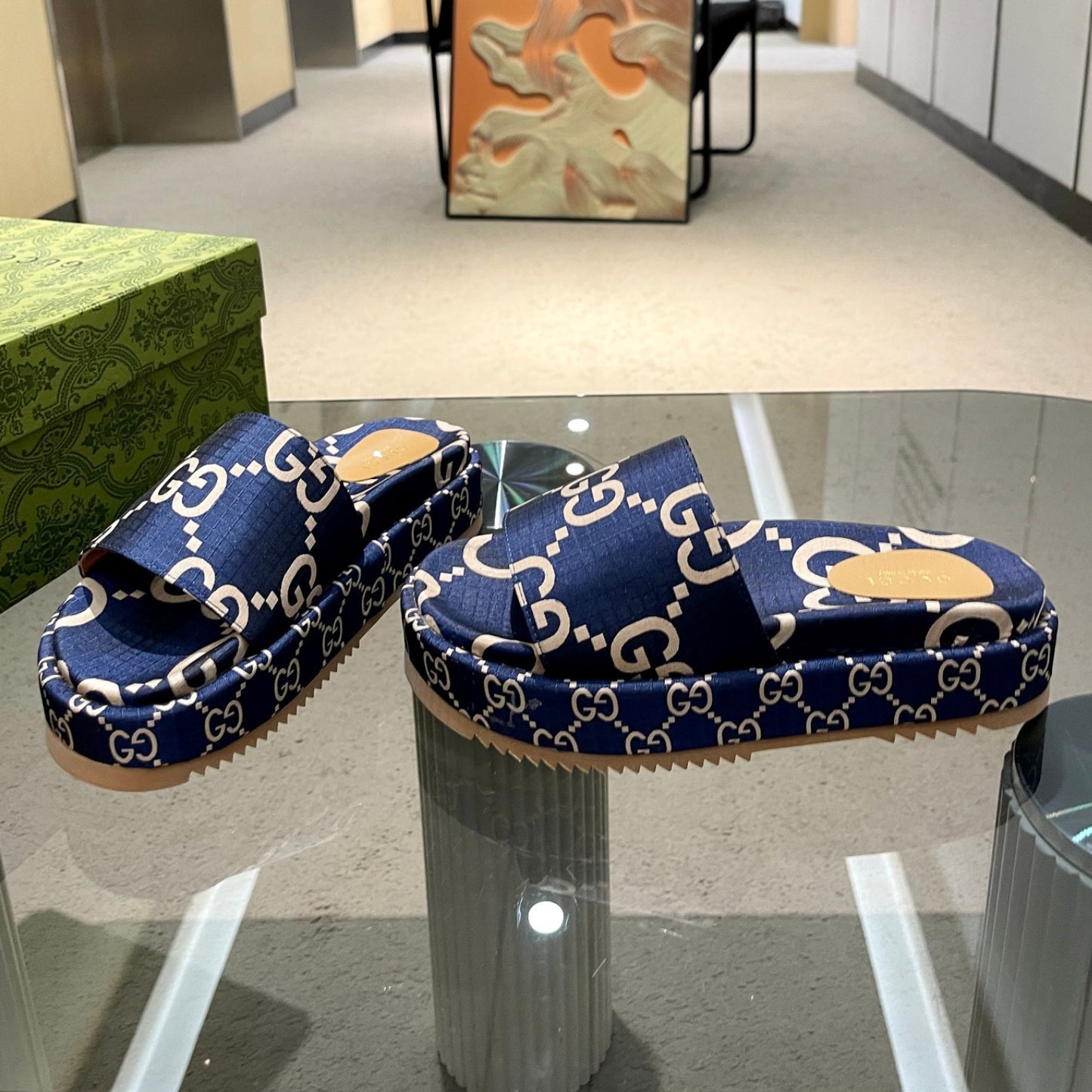 Sandália GG Plataforma Slider Azul Com Estampa