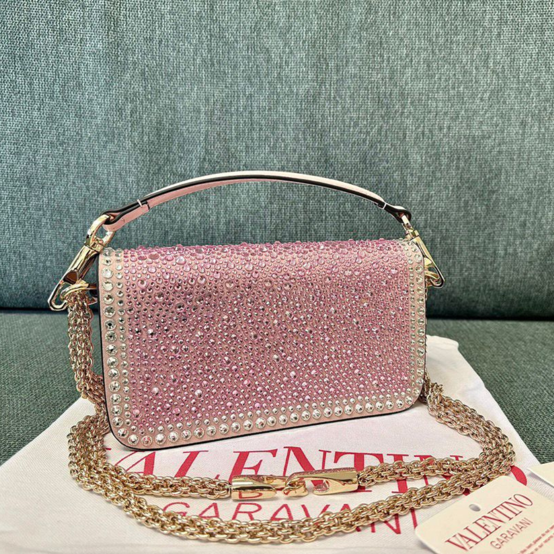 Bolsa VLT tiracolo Garavani Locò rosa e aplicação de strass 20cm