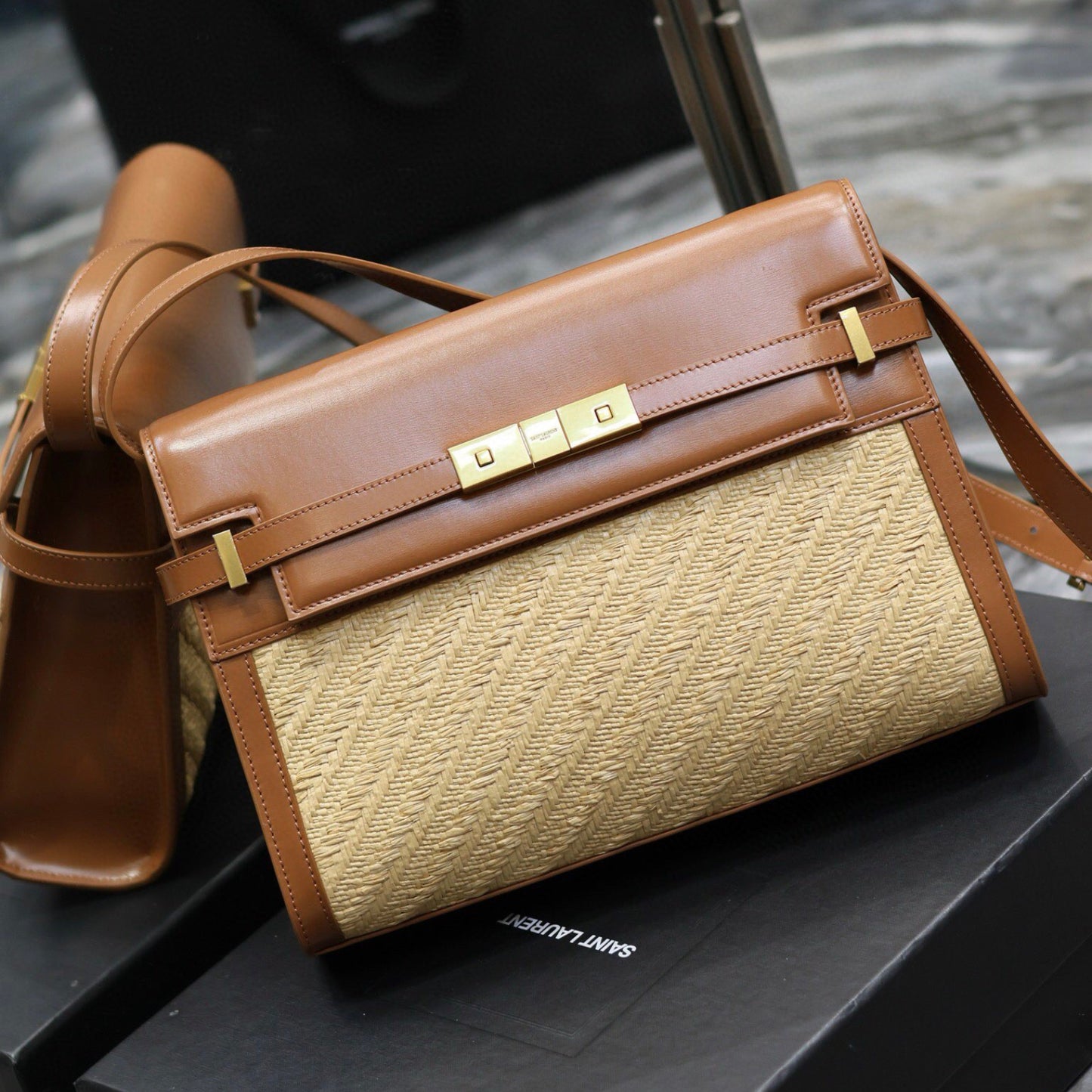 Bolsa YSL Manhattan Bege com Marrom pequena