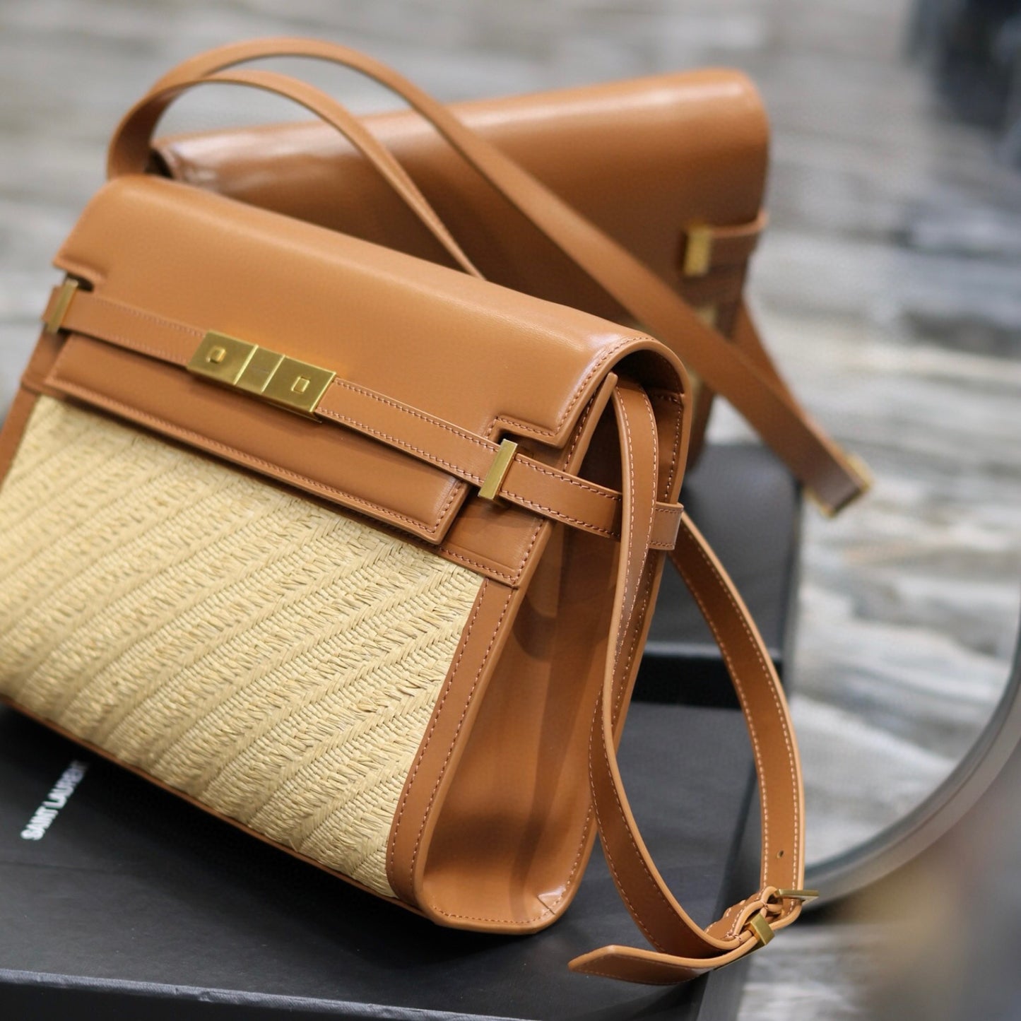 Bolsa YSL Manhattan Bege com Marrom pequena