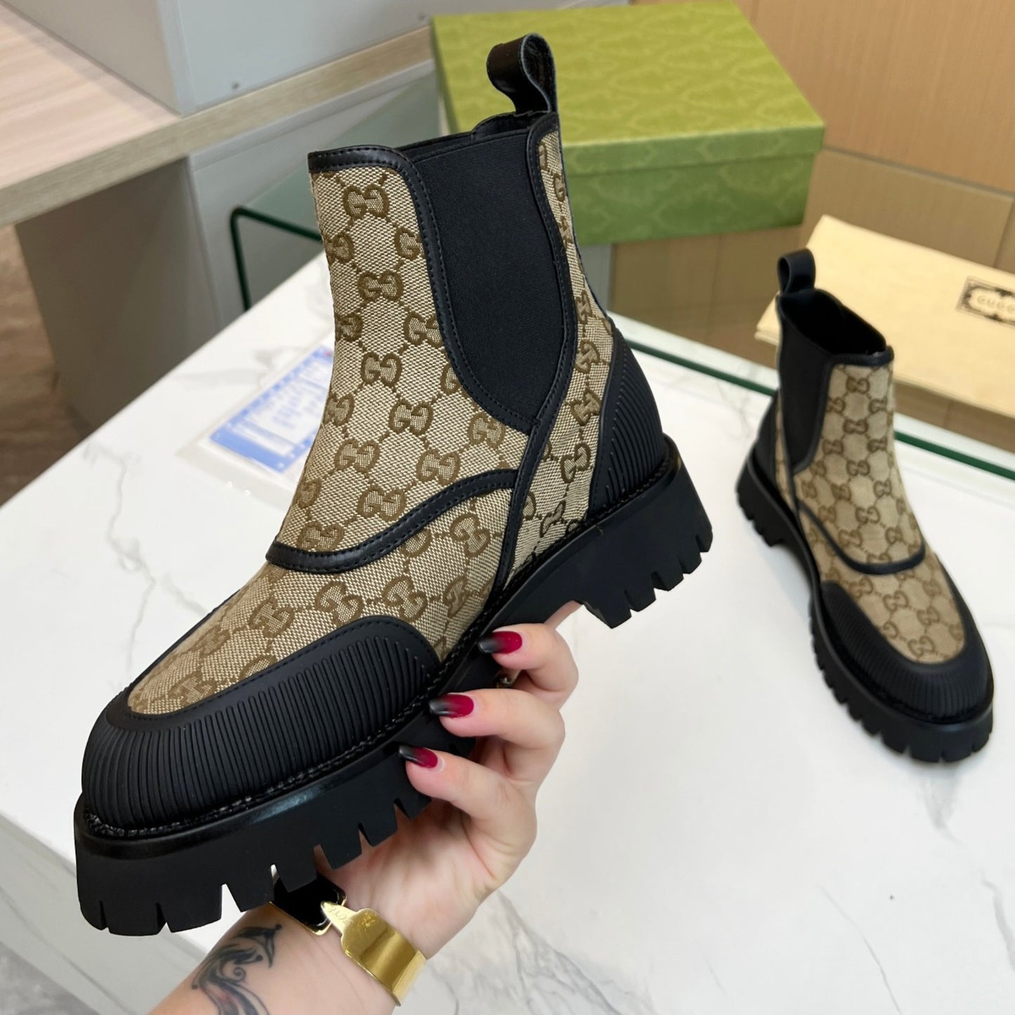 Bota GG Ankle boot de canvas GG Bege