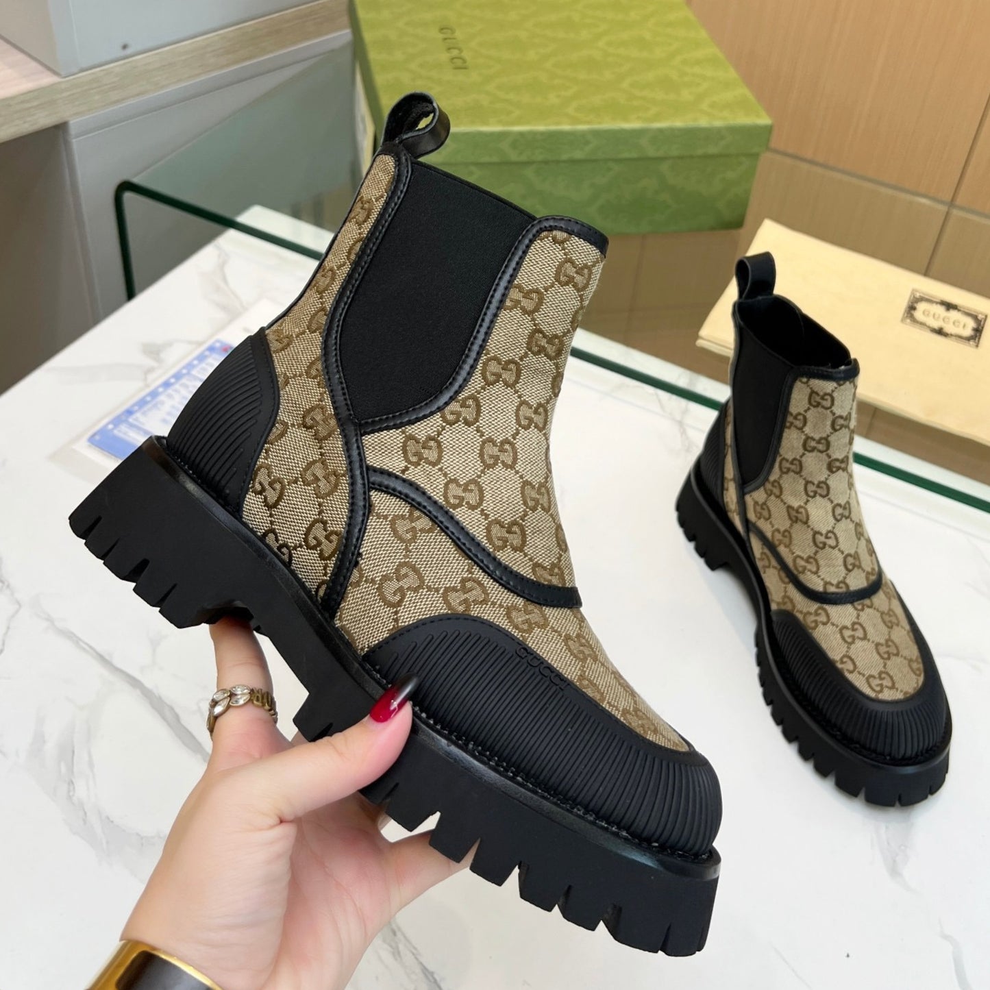 Bota GG Ankle boot de canvas GG Bege
