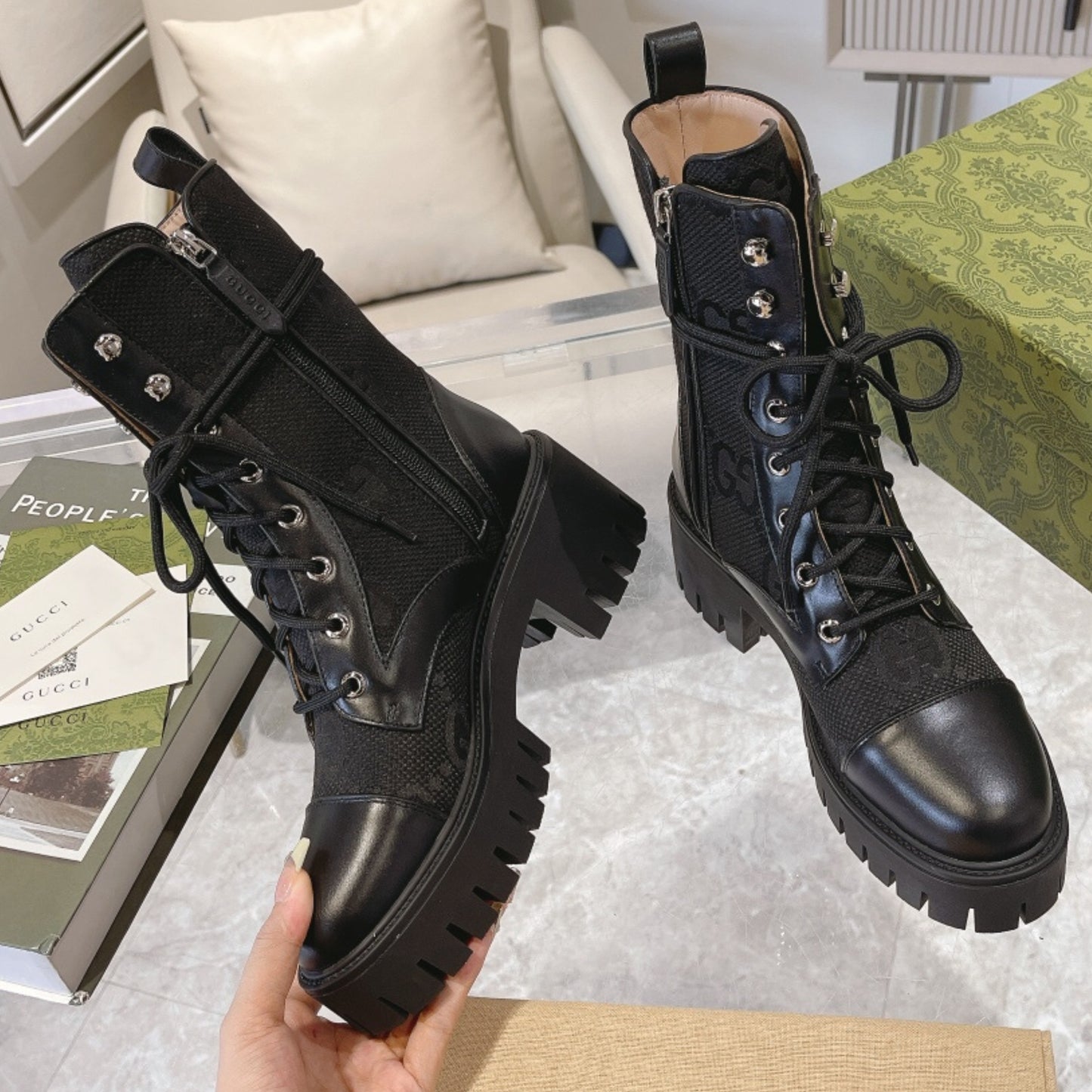 Bota GG matelassê com salto 60mm canvas GG cano médio