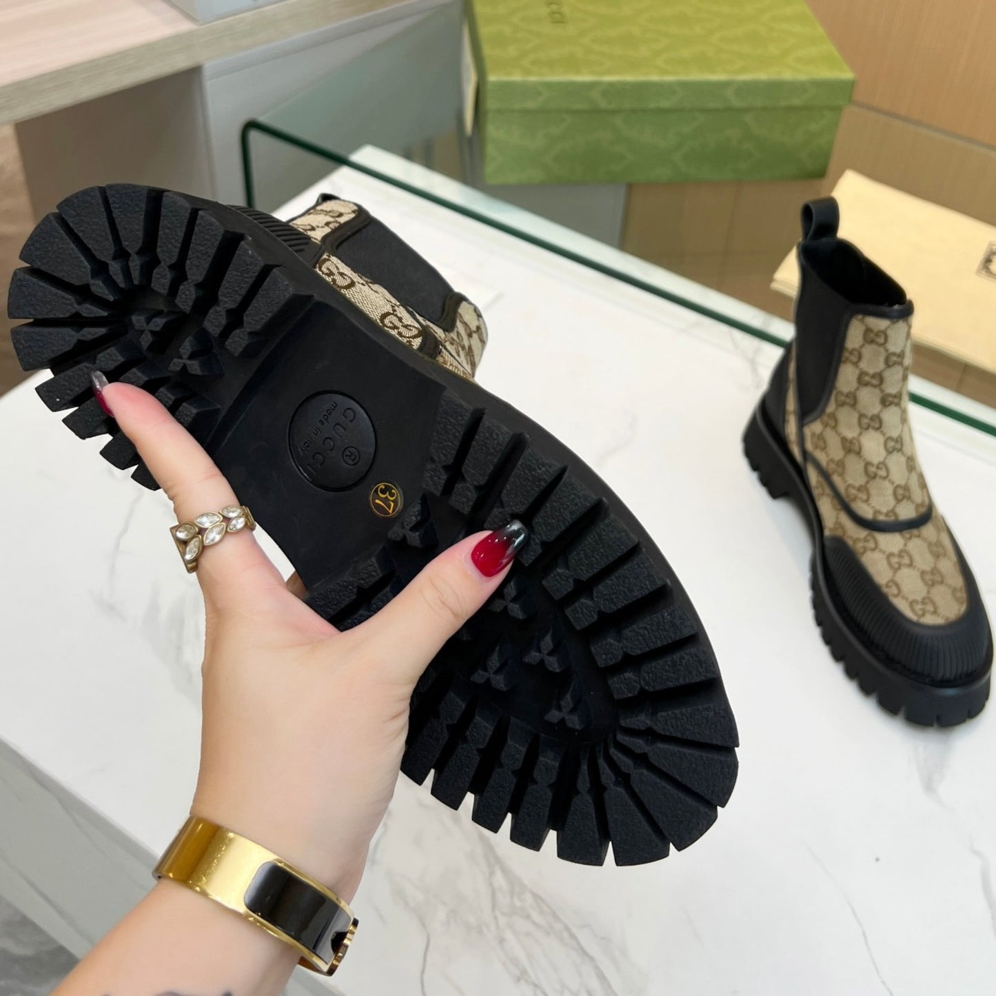 Bota GG Ankle boot de canvas GG Bege