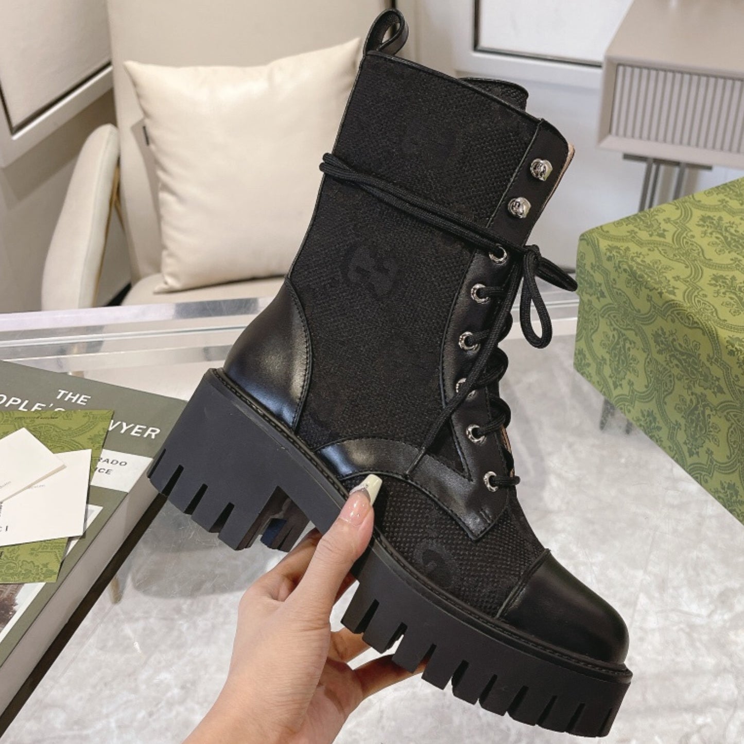 Bota GG matelassê com salto 60mm canvas GG cano médio