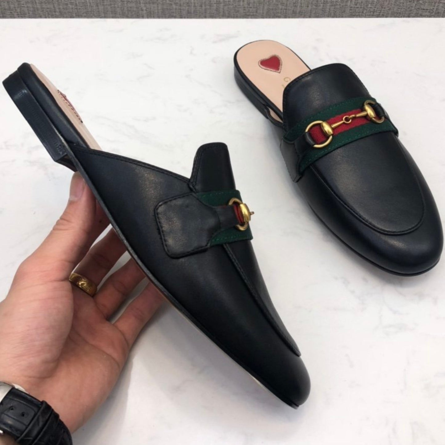 Mule GG Princetown de couro Preto com Faixa
