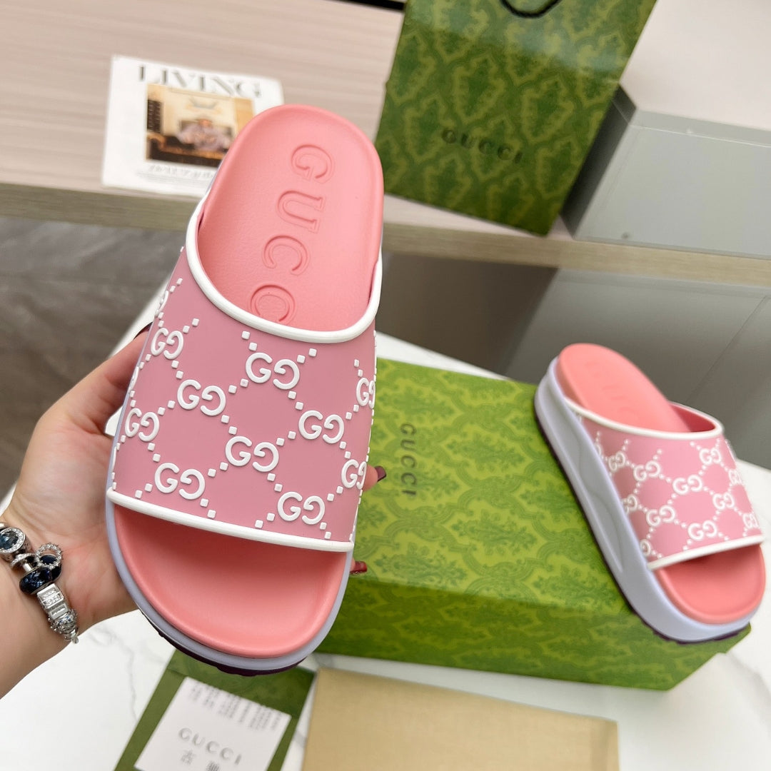 Chinelo Slide GG Rosa e Lilas Canvas Branco Detalhes