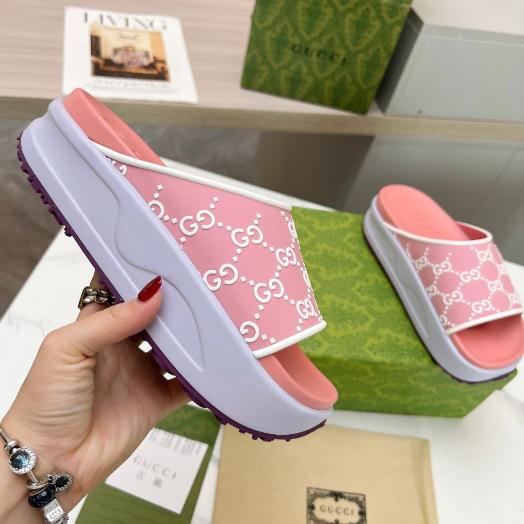 Chinelo Slide GG Rosa e Lilas Canvas Branco Detalhes