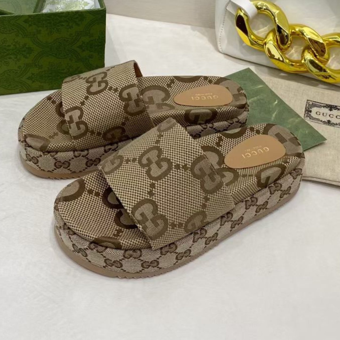 Sandália GG Plataforma Slider com Estampa Bege