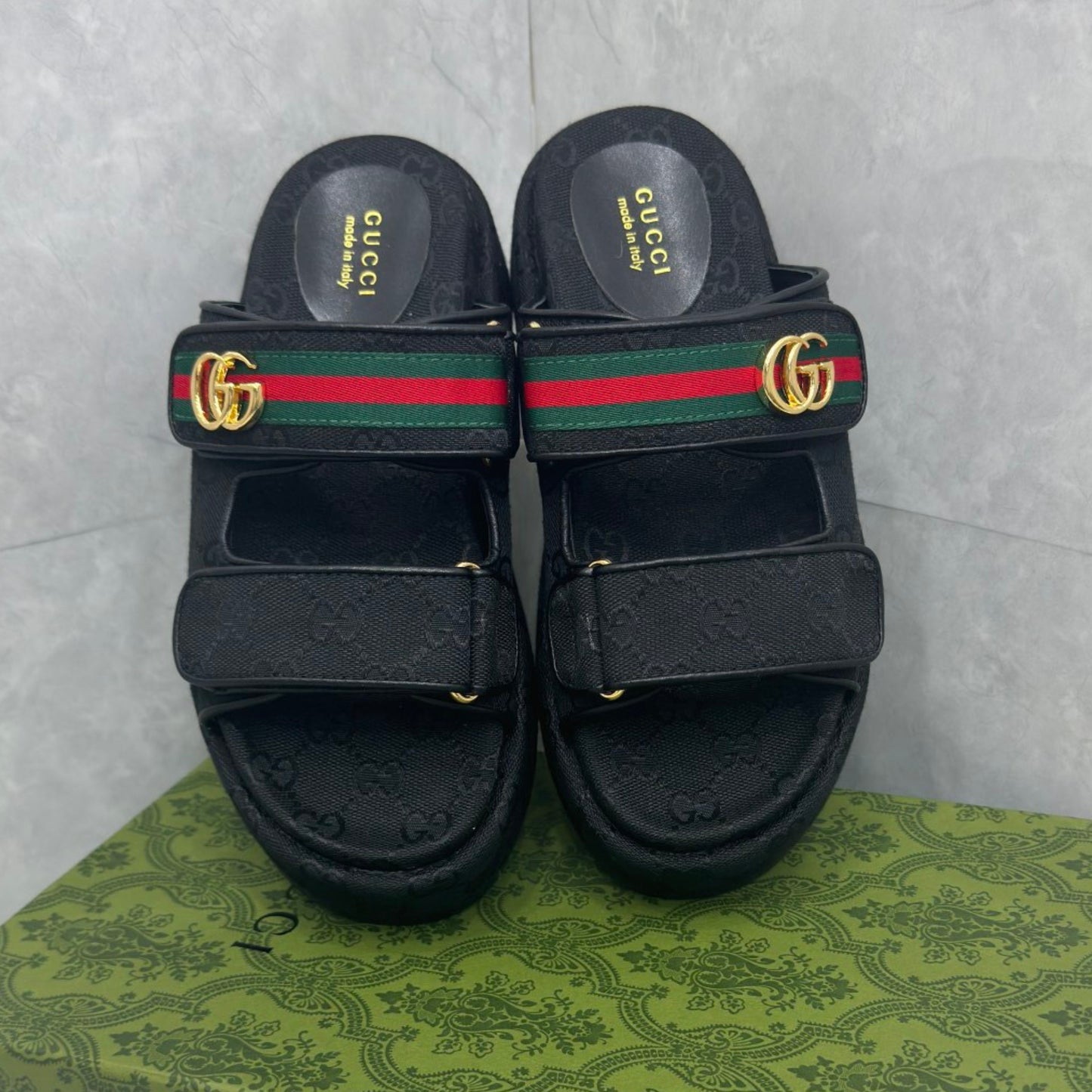 Sandália GG Plataforma Slider com Double com preto e faixa