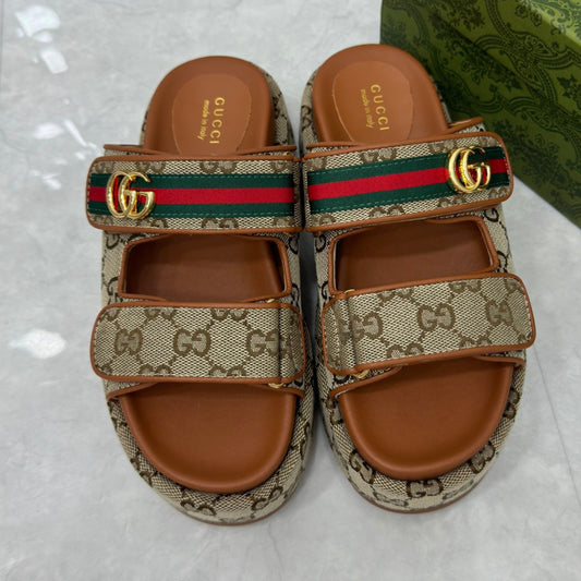 Sandália GG Plataforma Slider com Double Bege com marrom