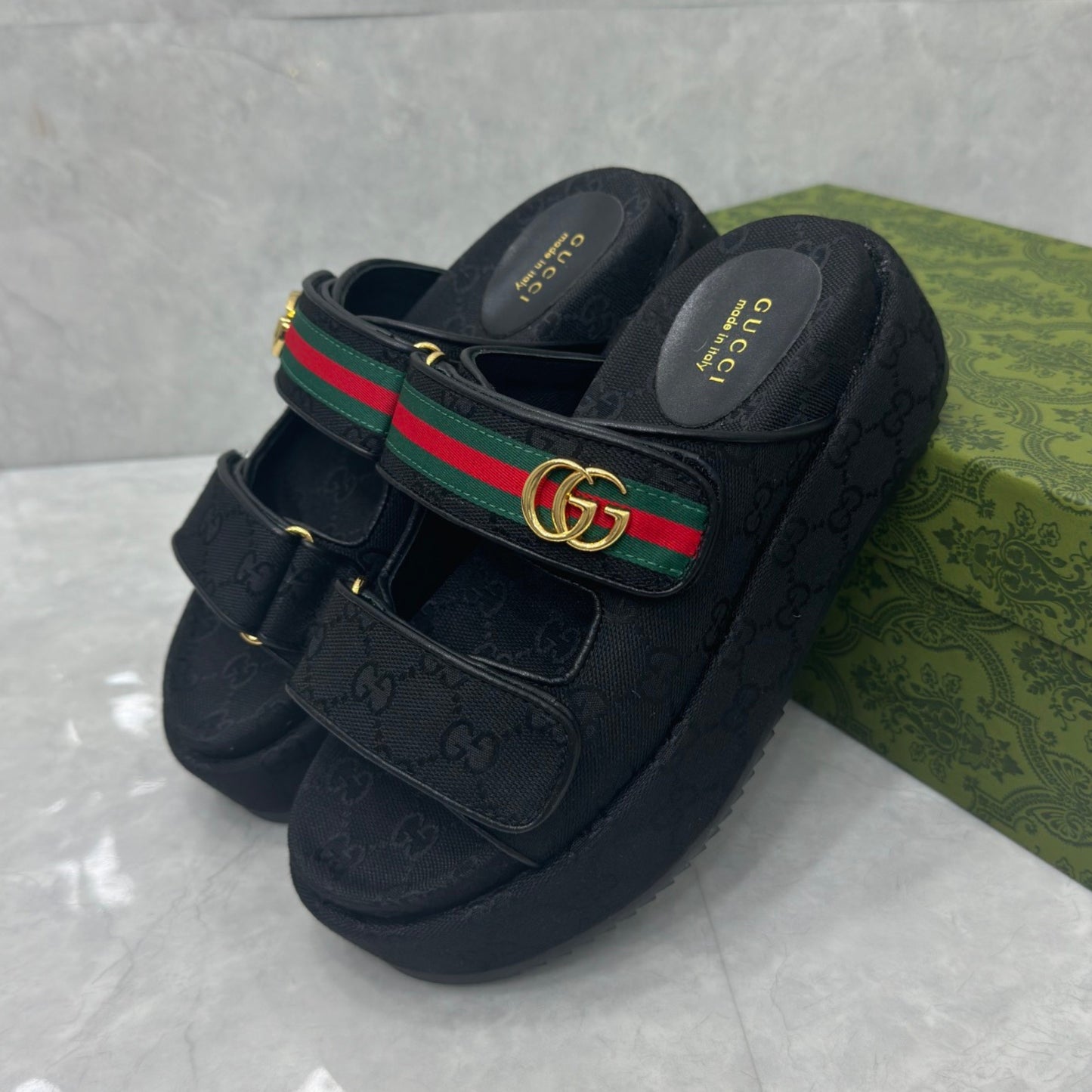 Sandália GG Plataforma Slider com Double com preto e faixa