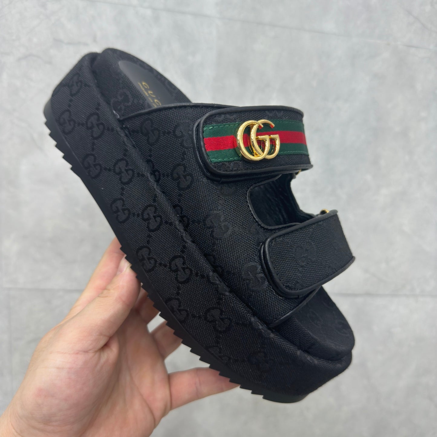 Sandália GG Plataforma Slider com Double com preto e faixa