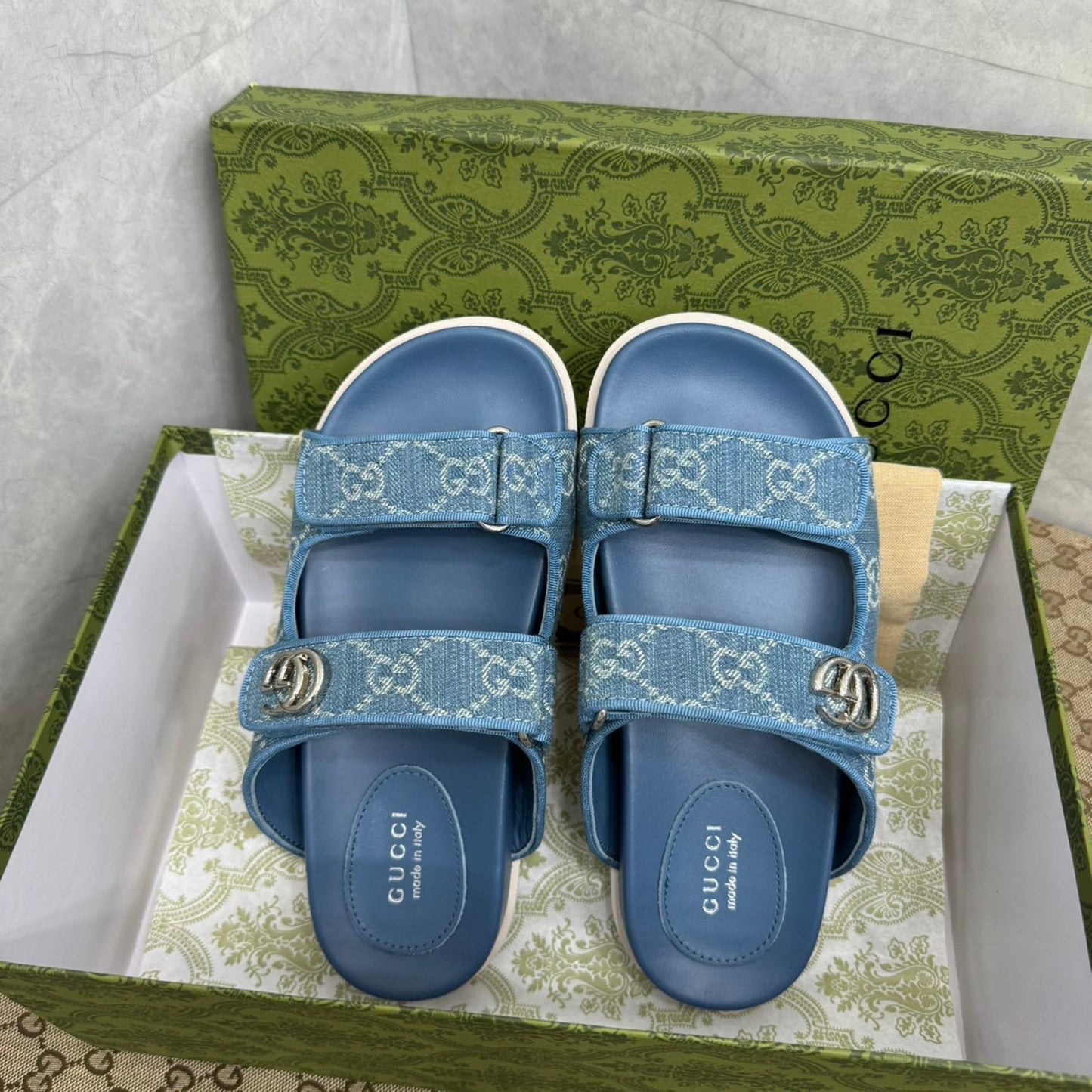 Sandália GG Slider com Double GG Azul